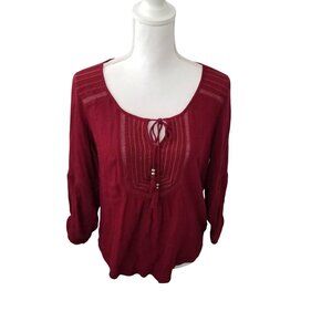 Maurices Red Boho-Style Long Sleeve Blouse With Tie Neck & Embroidered Details